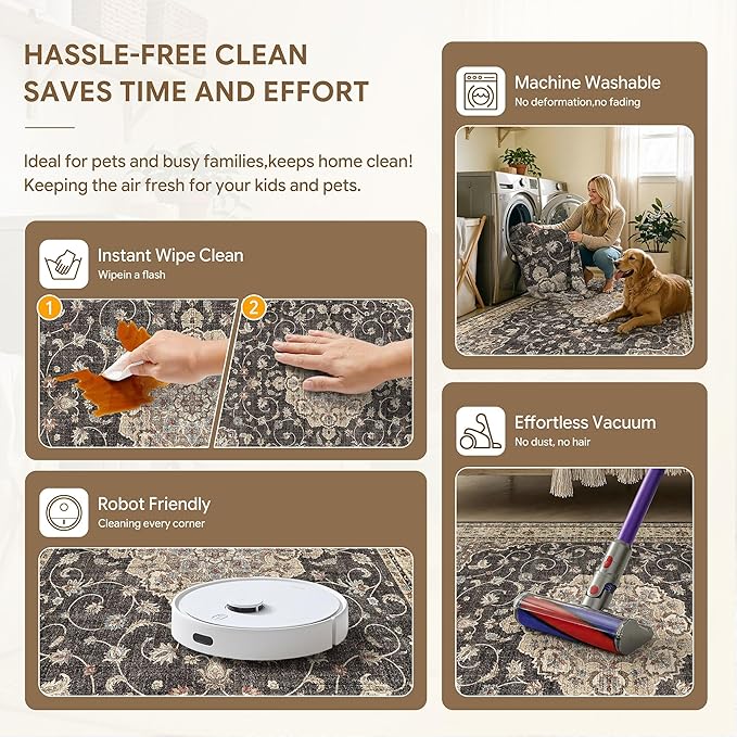 HUGEAR Machine Washable Area Rugs 6x9 Vintage Black Living Room Bedroom Rug Neutral Style Non Slip Stain Resistant Low Pile Throw Carpet for Home Retro Aesthetic Modern Decor