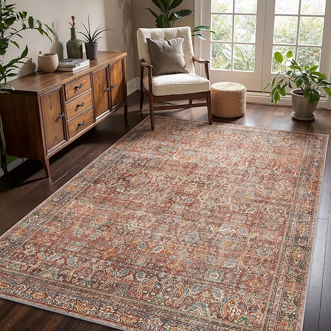 3x5 Area Rug Machine Washable Boho Rug for Living Room,Ultra-Thin Low Pile Carpet,Lightweight Indoor Printed Rug,Non Slip Floral Area Rug for Bedroom, Dining Room, Home Office,Terracotta/Indigo