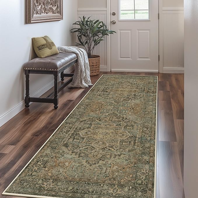 GENIMO Machine Washable 8x10 Area Rugs for Living Room, Non Slip Vintage Rugs, Low Pile Lightweight Chenille Print Rug for Bedroom, Dining Room, Home Office, Bronze Taupe