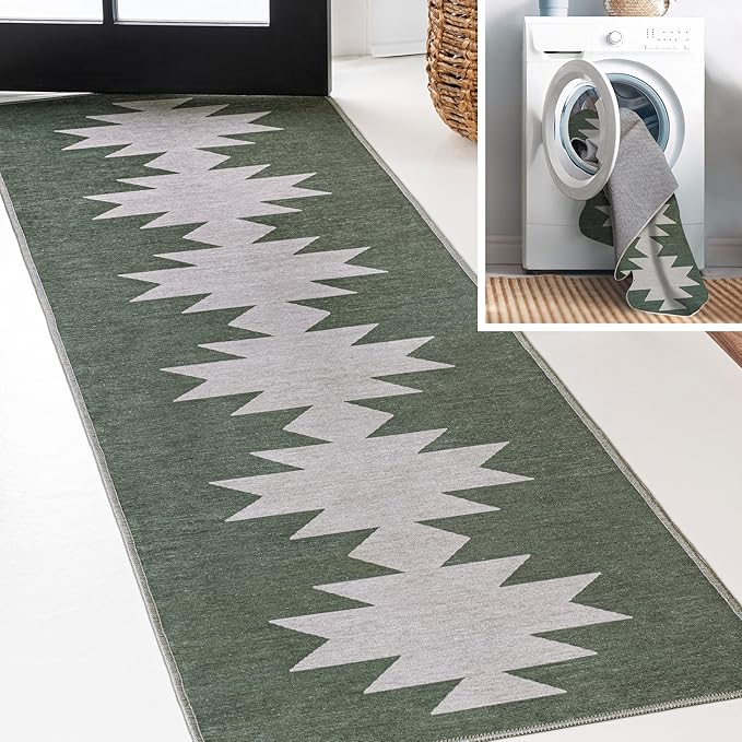 JONATHAN Y Machine Washable Runner Rug 2X8 Dark Green/Light Gray, Chayton Minimalist Geometric for Living Room, Bedroom, Kitchen, Office, Easy-Cleaning, Pet-Friendly, Non-Shedding WSH110C-28