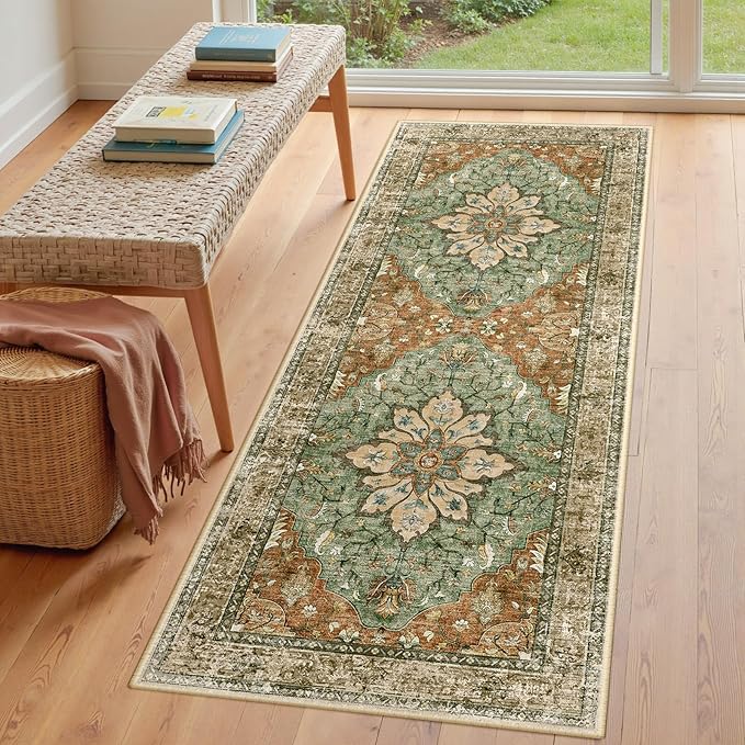 Area Rugs 3'x8' Runner Rug Non Slip Washable for Kitchen Hallway Bedroom Beside Laundry Room Bathroom Rug, Floor Carpet, Brick Red Rust Neutral Brown Burnt Orange Green