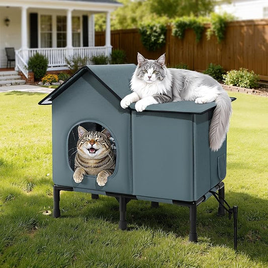 Weatherproof Heated Cat House for Outside with Heating Pad, Elevated Feet Outdoor Cat House, Expanded Canopy Warm Cats Shelter, Heating Pet Beds for Feral or Stray Cats in Winter (Warm Grey, Unheated)