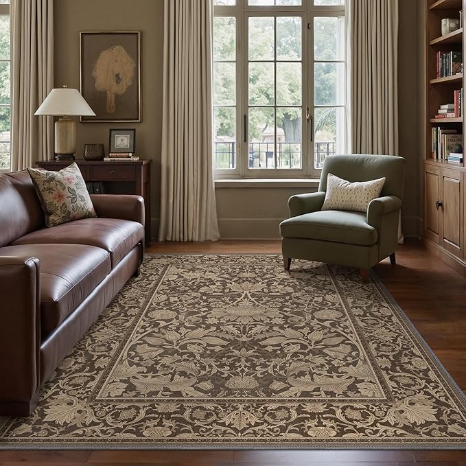 Bavni 5x7 Area Rugs, Vintage Style Thin Rugs for Living Room Bedroom Dining Room, Low Pile Lightweight Non Slip Machine Washable Rug, Aesthetic Floral Pattern Print Home Decor Elegant Black Gold Rug
