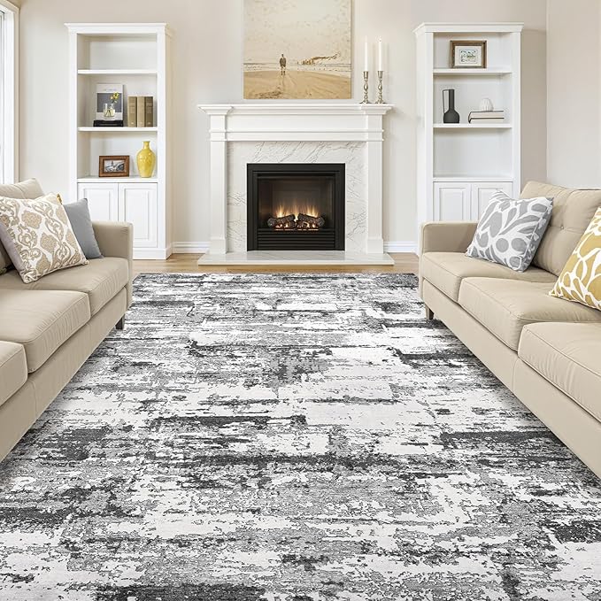 Area Rugs for Living Room: 5x7 Abstract Washable Rug Modern Neutral Large Soft Stain Resistant Non-Slip Backing Machine Table for Bedroom Dining Room Indoor Home Office Carpet - Black Grey