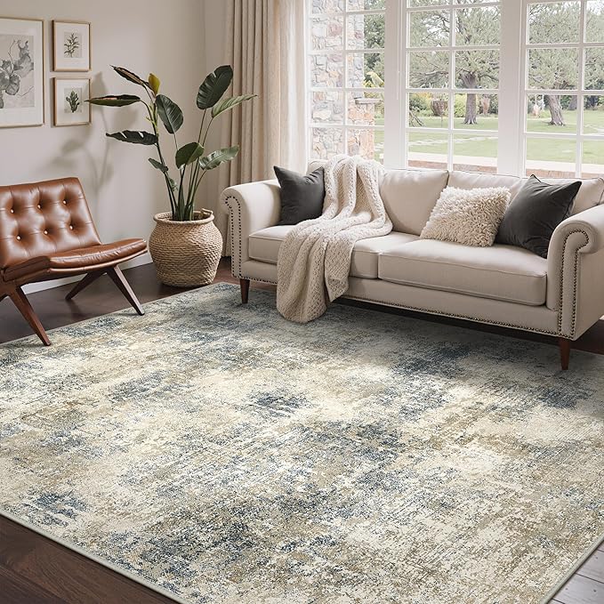 Area Rugs 9x12 for Living Room Bedroom, Modern Abstract Machine Washable Rug, Large Soft Low Pile Floor Carpet with Non Slip Backing for Dining Room, Blue Mist