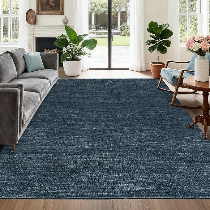 5x7 Washable Rugs Non Slip Minimalist Area Rug for Bedroom Soft Low Pile Solid Color Large Bedroom Throw Carpet Stain Resistant Classic Neutral Area Rug Plain Boho Rugs for Kitchen Nursery, Navy