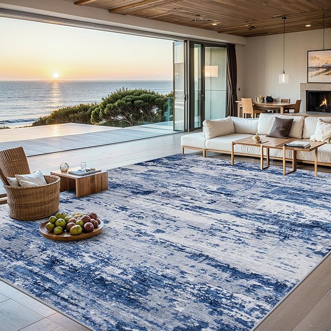 Area Rugs 10x12 Living Room - Washable Rug Modern Abstract Soft Large Neutral Non-Slip Carpet Indoor Floor Thin Carpets for Bedroom Dining Room Farmhouse Nursery Home Office Blue Gray