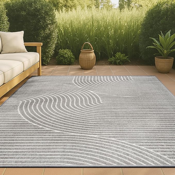 JONATHAN Y Hallie High-Low Curve Gray/Ivory Indoor/Outdoor Area Rug, 8x10, Minimalist, Pet Friendly, Non-Shedding, Stain Resistant, Hose-Washable for Backyard, Patio, Porch (SCN100A-8)