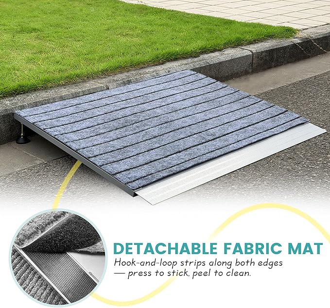 Threshold Ramps for Wheelchairs, Adjustable Height 3.3"-6.6" and 36"×36" Platform Aluminum Wheelchair Ramp, Door Threshold Ramps with a Non-Slip Thick Door Mat for Scooters, Power Chairs, Cart