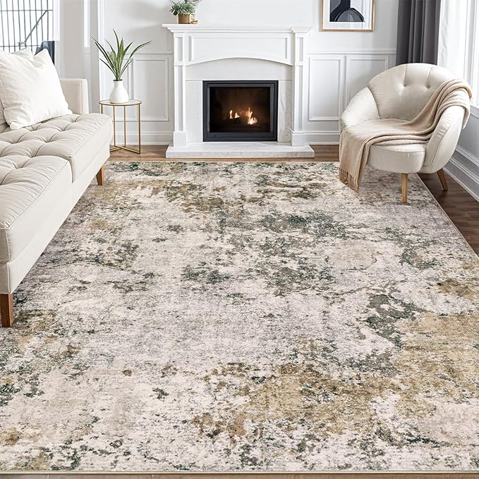 Area Rugs for Living Room: 10x12 Abstract Washable Rug Large Soft Stain Resistant Non-Slip Backing for Bedroom Dining Room Indoor Home Office Carpet for Kids Pet Friendly Families - Dark Brown