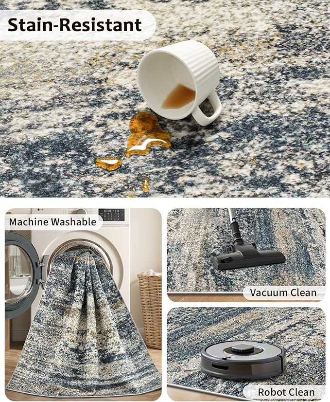 Art&Tuft Washable 9x12 Area Rug, Anti-Slip Backing Abstract Area Rugs 9x12 Living Room, Stain Resistant Rugs for Living Room, Foldable Machine Washable Area Rug (TPR19-Navy, 9'x12')