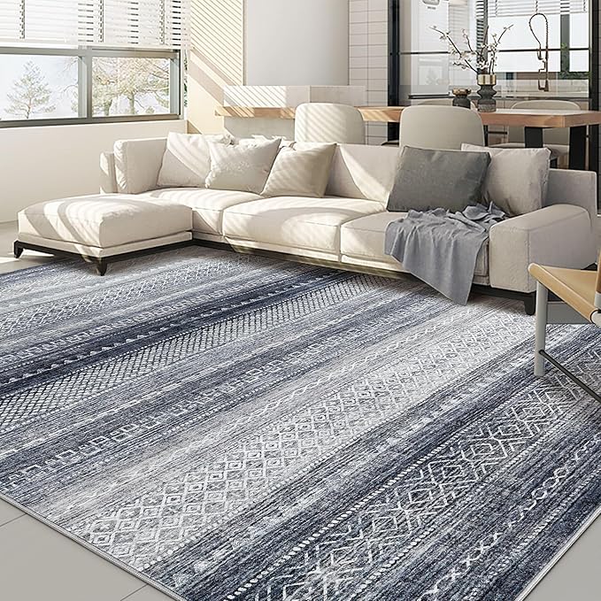 Nakagishi 8x10 Area Rugs Living Room: Washable Boho Large Neutral Soft Modern Rug Stain Resistant Moroccan Non Slip Indoor Floor Carpet for Bedroom Nursery Kids Playroom Office Dining Room- Blue
