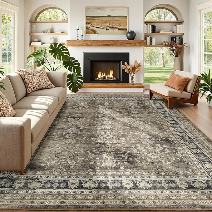 Lessymo 9x12 Area Rugs for Living Room, Machine Washable Non Slip Large Rug, Soft Low Pile Carpet for Bedroom Dining Office, Vintage Brown Distressed Floral Floor Decor