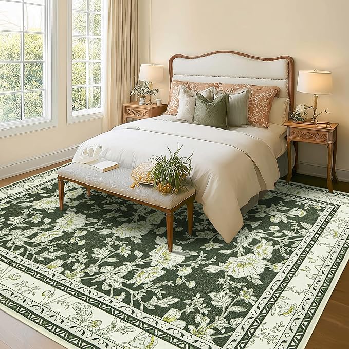 Olive Green Floral Print Area Rugs for Bedroom Living Room Boho Farmhouse Country Rustic Dining Room Carpet Soft Washable Rugs Non Slip Floor Covering for Nursery Playroom 10x12