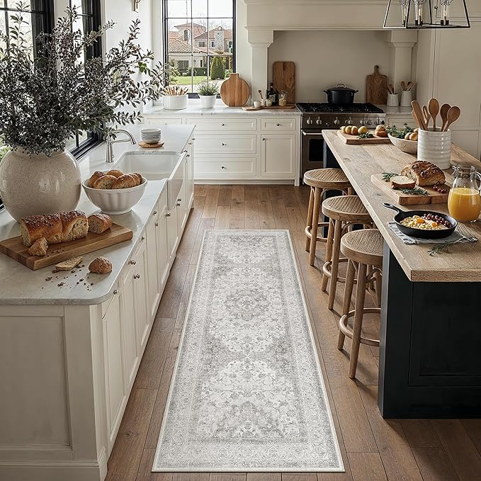 2x6 Grey Washable Vintage Runner Rug for Living Room Bedroom Soft Tranditional Non Slip Runner Area Rug Lightweight Floral Low Pile Distressed Runner Kitchen Hallway Bedroom Bathroom