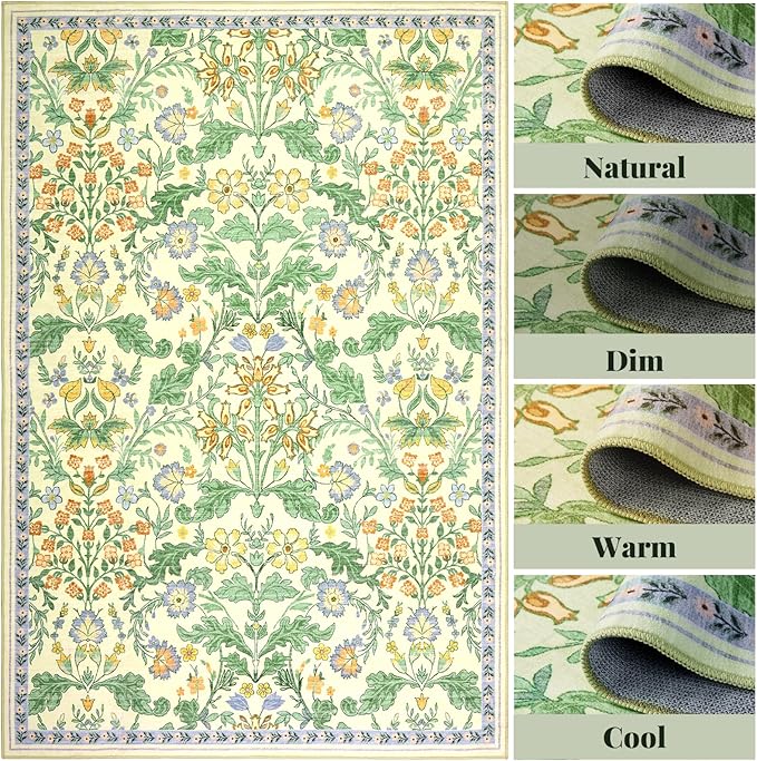 Floral Area Rug for Living Room: 4x6 Washable Soft Low Pile Thin Indoor Carpet, Non Slip Stain Resistant Vintage Flower Boho Accent Rugs for Bedroom, Dining, Home Office, Nursery - Ivory