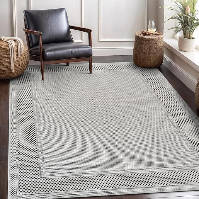 CAMILSON Easy Jute Rug 6x9, Indoor Outdoor Off-White Color Fiber Area Rugs for Entry, Living Room and Farmhouse Rug, Bordered Boho Woven Design, Easy-Cleaning, Washable Outside Carpet (6 x 9)