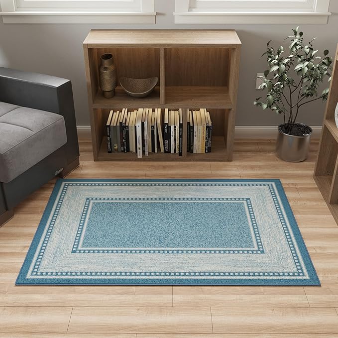 Ottomanson 3'3" x 5' Rugs for Living Room Border Area Rug for Bedroom - Non Slip Durable Large Floor Carpet for High Traffic Areas - Indoor Rug for Dining Room Kitchen Kids Playroom, Turquoise