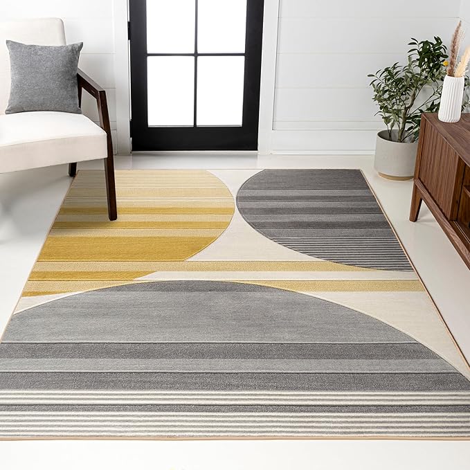 JONATHAN Y Striped Circles Gray/Yellow/Cream Indoor Area Rug 4X6 ft, Nicky Geometric for Living Room, Bedroom, Kitchen, Office, Easy-Cleaning, High Traffic, Pet-Friendly, Non-Shedding UNQ100A-4