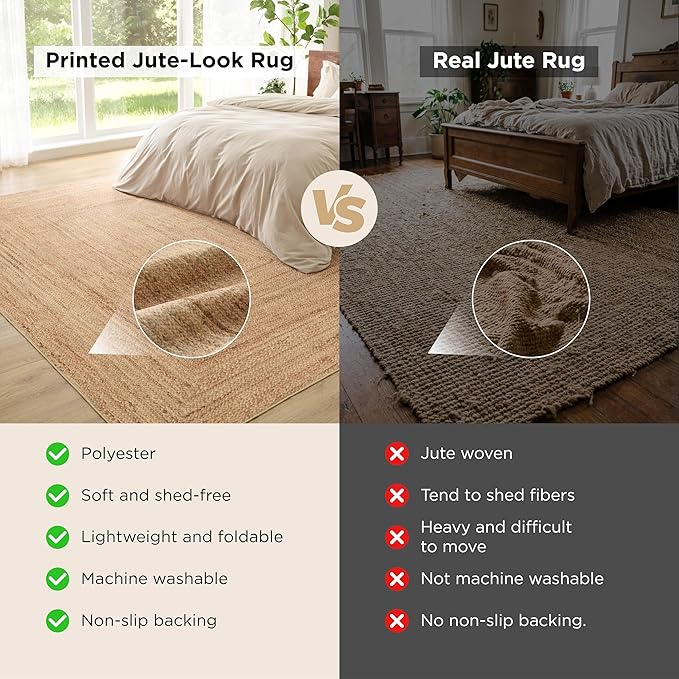 Bedsure 3x5 Printed Jute-Look Rug for Living Room, Machine Washable Rugs, Jute-Look Rug, Non-Slip Backing, Non-Shedding