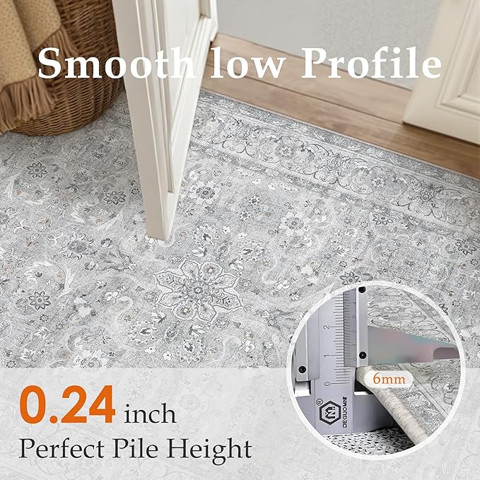 Gray 3x5 Area Rug Entryway Washable Vintage Carpet Office Small Indoor Non Slip Soft Low Pile Thin Stain Resistant Distressed Accent Throw Rug for Entrance Bedroom Dining Living Room