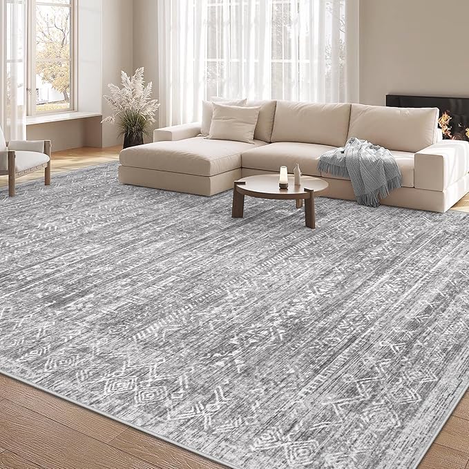 Washable Rug 8x10 Area Rugs: Modern Geometric Rugs for Living Room Non Slip Soft Low Pile Moroccan Indoor Carpet for Bedroom Nursery Dining Room Home Office (Grey, 8'x10')