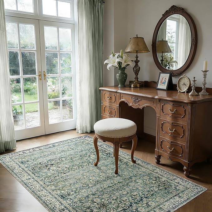 Dark Green Vintage Floral Aesthetic Area Rugs for Entryway Bedroom Low Pile Green 4x6 Boho Front Door Mat for Indoor Entrance Washable Non Slip Stain Resistant Rug for Dining Room Entry 4 x 6