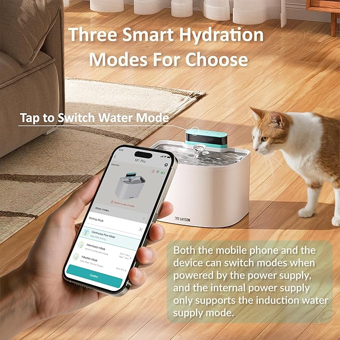 PET LAYSON Pumpless Cat Water Fountain,App Remote Control Smart Cordless Battery Operated 3.6L/122oz Wireless 2.4GHz Wi-Fi Networks Rechargeable Water Dispenser (White, M1Pro-2 Filter)