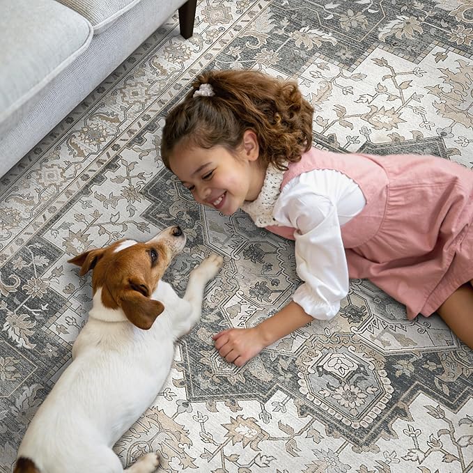 GENIMO 2x5 Runner Rugs for Hallway, Machine Washable Non Slip Vintage Retro Rugs, Low Pile Lightweight Soft Print Rug for enrtyway, Corridor, Home Office, Kitchen, Heathered Grey