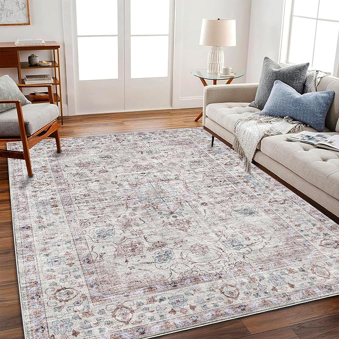 Area Rug 6'x9' Washable Vintage Traditional Floor Cover Thin Retro Kitchen Indoor Distressed Non Slip Carpet for Living Room Bedroom Dining Room