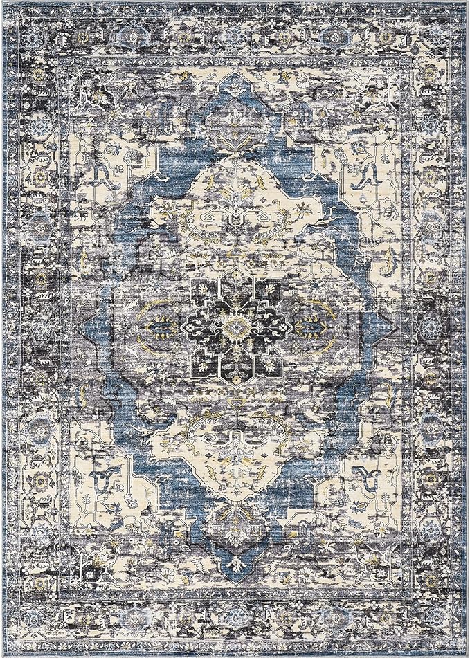 5x7 Area Rugs for Living Room, Stain Resistant Neutral Washable Rugs for Dining Room, Floral Vintage Non-Slip Thin Large Size Area Rug (Blue/Black)