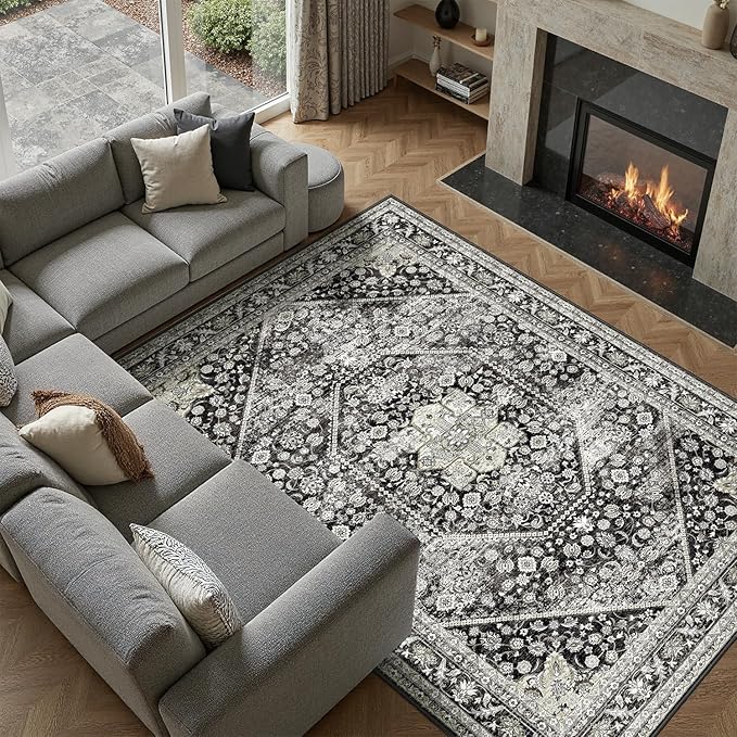 DCX Machine Washable Black Entryway Rug 3x5, Non Slip Stain Resistant Vintage Floral Rug for Kitchen Bathroom Front Door Throw Rugs Indoor, Soft Low Pile Small Rugs for Entry