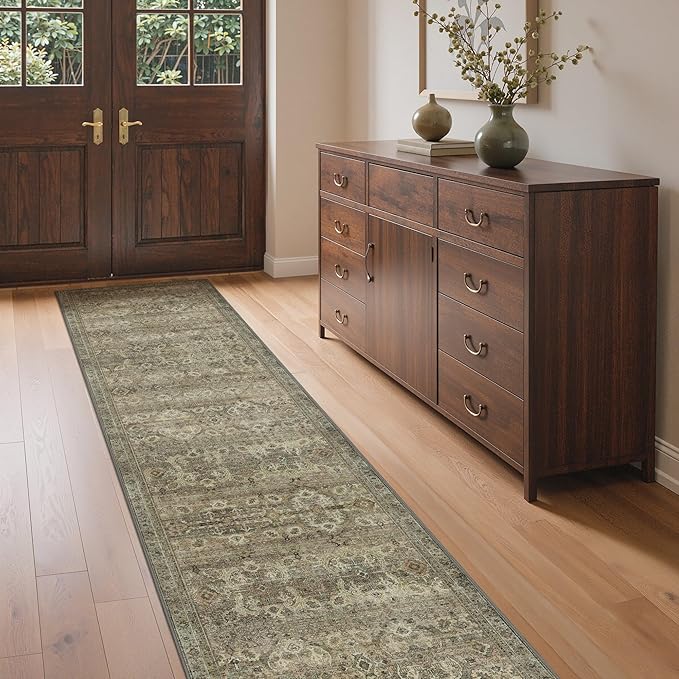 GENIMO 2x5 Runner Rugs for Hallway, Machine Washable Non Slip Vintage Rugs, Low Pile Lightweight Soft Print Rug for enrtyway, Corridor, Home Office, Kitchen, Green Khaki