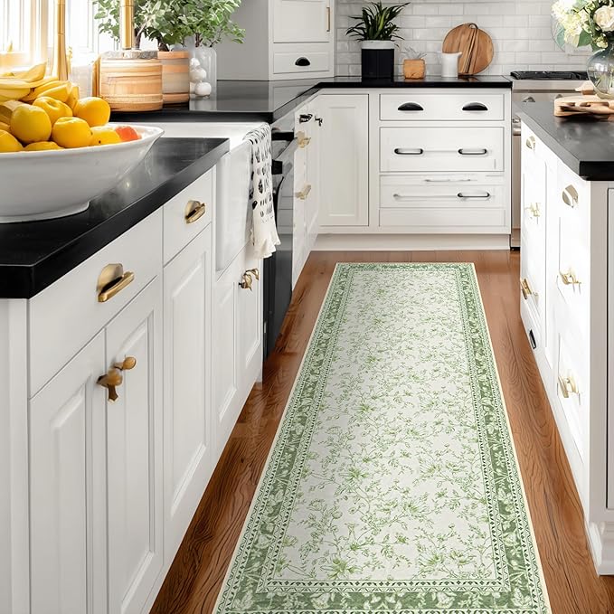 Light Green Kitchen Rug 3x8 Modern Vintage Boho Farmhouse Unique Floral Sage Cream Beige Peony Lily Sketch Style, Washable Low Pile Non-Slip Extra Long Wide Runner Rugs for Hallway 8 ft Long