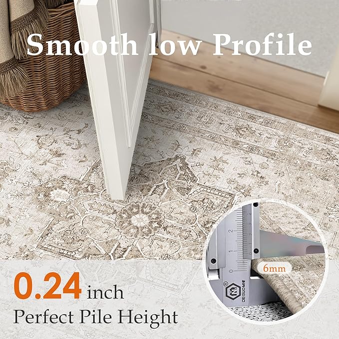 Taupe Area Rug 4x5 Washable Vintage Carpet for Office Kitchen Non Slip Retro Distressed Door Mat Low Pile Soft Oriental Medallion Thin Small Throw Rug Entryway Bedroom Bathroom Dining Room