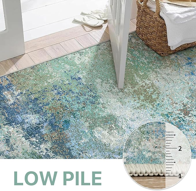 Area Rugs 7'6"x9'6" for Living Room Bedroom, Modern Abstract Machine Washable Rug, Large Soft Low Pile Floor Carpet with Non Slip Backing for Dining Room, Blue Green
