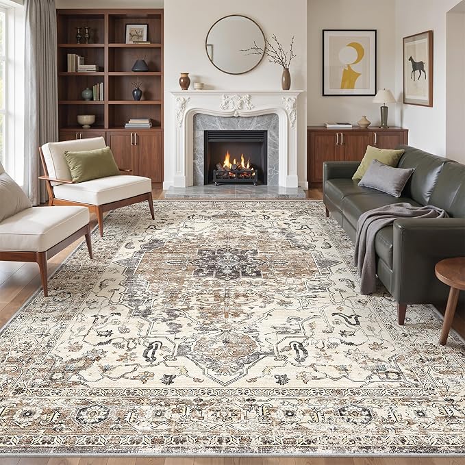 9x12 Area Rugs for Living Room,Ultra-Thin Washable Rug, Non-Slip Lightweight Foldable Area Rug, Stain Resistant Vintage Large Rugs(Brown/Grey,9'x12')