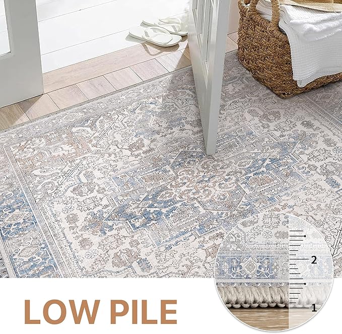 GENIMO 8x10 Area Rugs for Living Room, Machine Washable Non Slip Vintage Retro Rugs, Low Pile Lightweight Thin Print Rug for Bedroom, Dining Room, Home Office, Khaki Blue