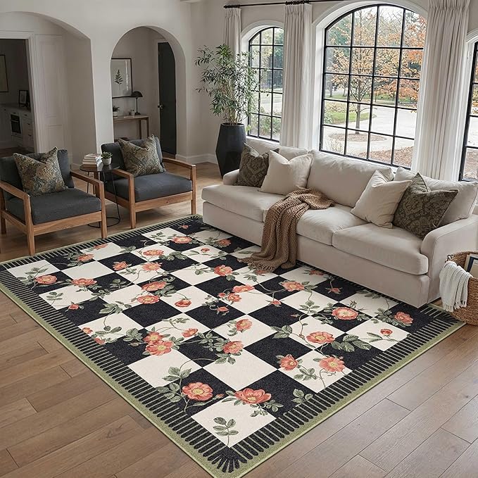 HUGEAR 6x9 Checkered Area Rugs Machine Washable Black and White Living Room Rug Floral Print Non-Slip Stain Resistant Low Pile Indoor Throw Carpet for Bedroom Home Unique Aesthetic Modern Decor
