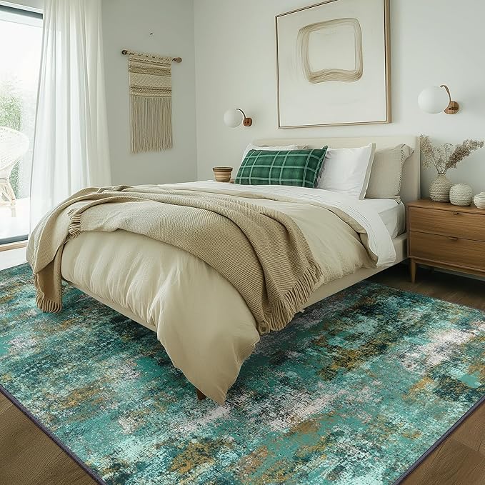 Area Rugs 10x12 for Living Room Bedroom, Modern Abstract Machine Washable Rug, Large Soft Low Pile Floor Carpet with Non Slip Backing for Dining Room, Turquoise