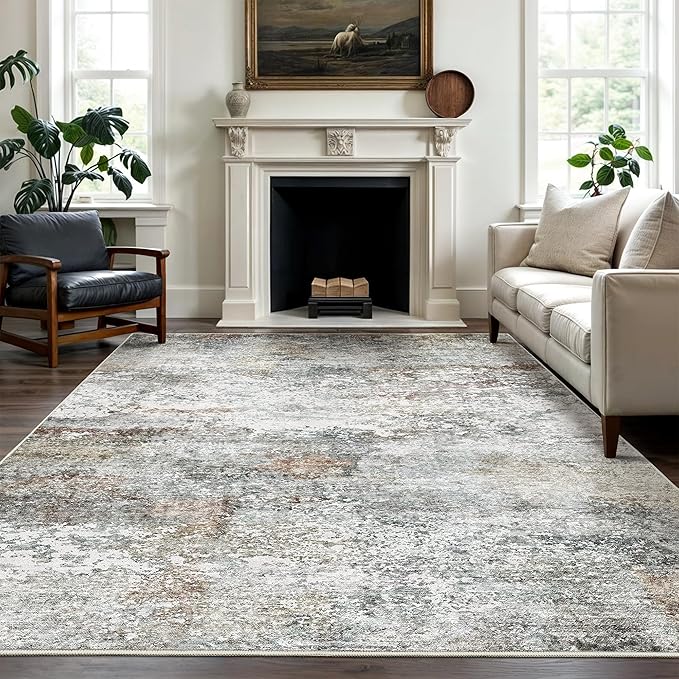 Art&Tuft Washable Rug, Anti-Slip Backing Abstract Area Rugs, Stain Resistant Rugs for Living Room, Foldable Machine Washable Area Rug(9'x12', Grey/Rust)
