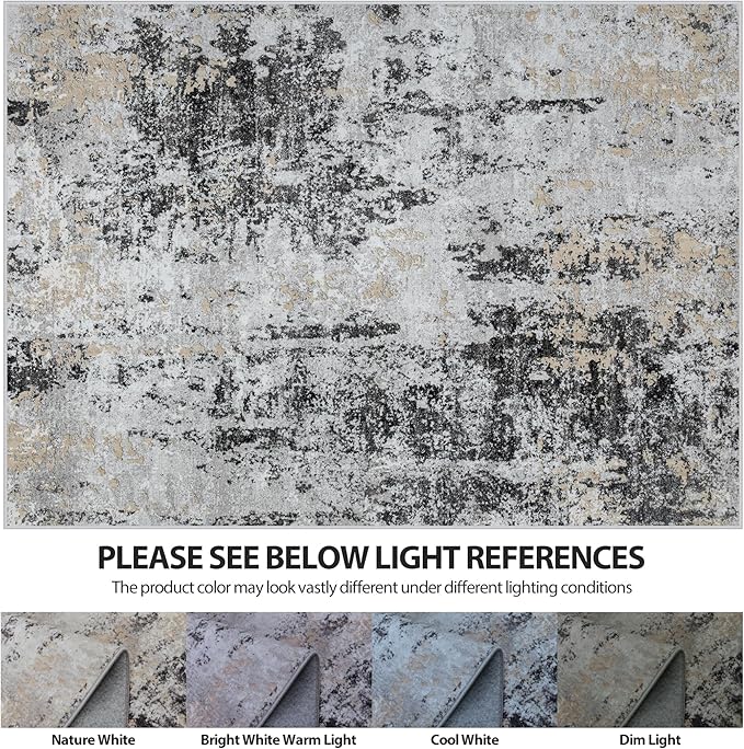 4x6 Area Rugs for Living Room Rug Washable: Abstract Rug for Dining Room Bedroom Carpet Non Slip 4 by 6 Indoor Modern Nursery Home Office Black Grey Gold