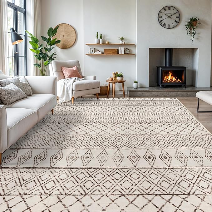 9x12 Washable Area Rugs - Moroccan Area Rug for Living Room Modern Rugs Large Stain Resistant Carpets Soft Indoor Home Thin Rug for Bedroom Dining Room Office 9x12 Geo Beige