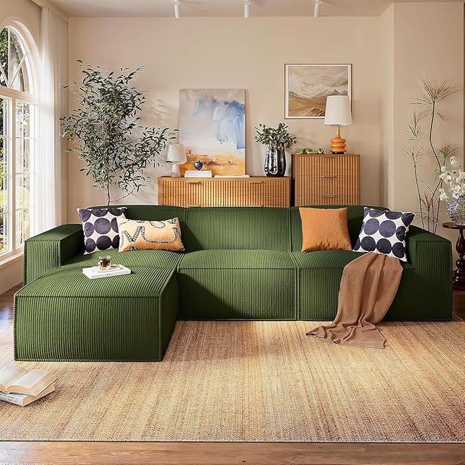 Marsail Modular Sectional Sofa, 111" L-Shaped Cloud Boneless Sectional Couch with Deep Seat, Freely Combinable Modern Sofa for Living Room, No Assembly, Plush Corduroy Fabric, Green