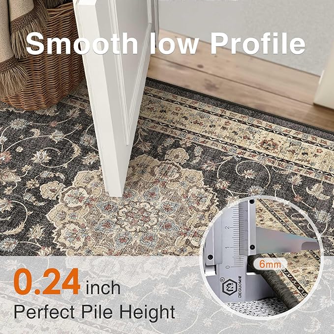 HUGEAR Machine Washable Area Rugs 6x9 Vintage Black Living Room Bedroom Rug Neutral Style Non Slip Stain Resistant Low Pile Throw Carpet for Home Retro Aesthetic Modern Decor