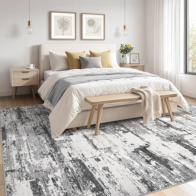 Area Rugs for Living Room: 6x8 Abstract Washable Rug Modern Neutral Large Soft Stain Resistant Non-Slip Backing Machine Table for Bedroom Dining Room Indoor Home Office Carpet - Black Grey