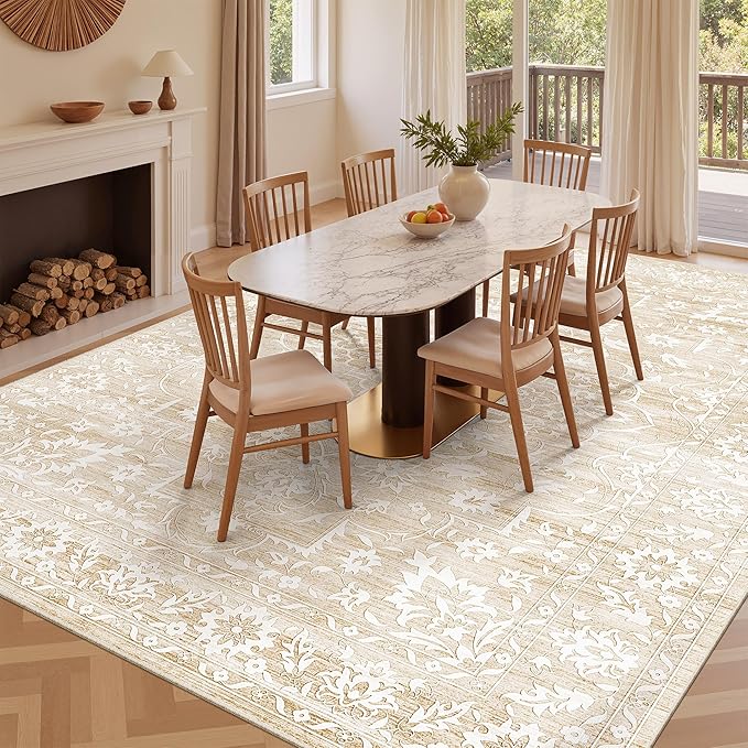 Living Room 10x14 Area Rugs, Washable Low Pile Non-Slip Stain Resistant Extra Large Thin Rug, Vintage Soft Throw Carpet for Dining Room Bedroom Farmhouse Home Office Decor Beige