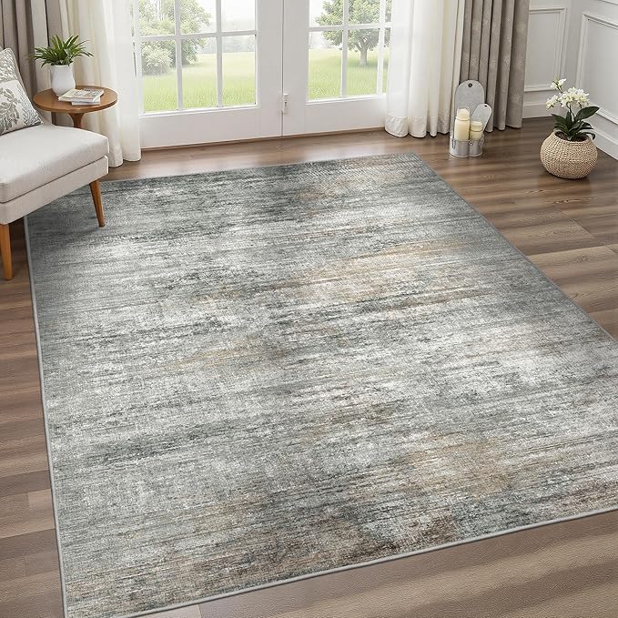 Area Rugs 10x14 for Living Room Bedroom, Modern Abstract Machine Washable Rug, Large Soft Low Pile Floor Cover with Non Slip Backing for Dining Room, Ash Gray Brown