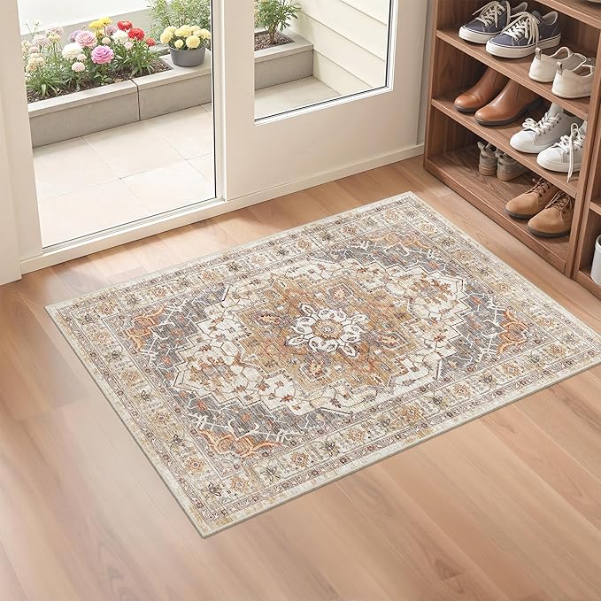 2x3 Entryway Rug Small Washable Kitchen Rugs Non Slip Front Door Rug Foldable Thin Carpet Low Pile Area Rug for Dining Room Entry Bedroom(Turmeric/Grey,2'x3')
