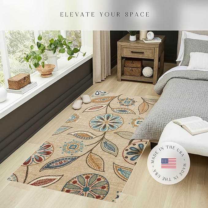 Maples Rugs Reggie Floral Area Rug - Made in USA - Washable, Non Slip, Pet-Friendly Mats for Living Room, Bedroom, and Office, 3'4" x 6', Beige